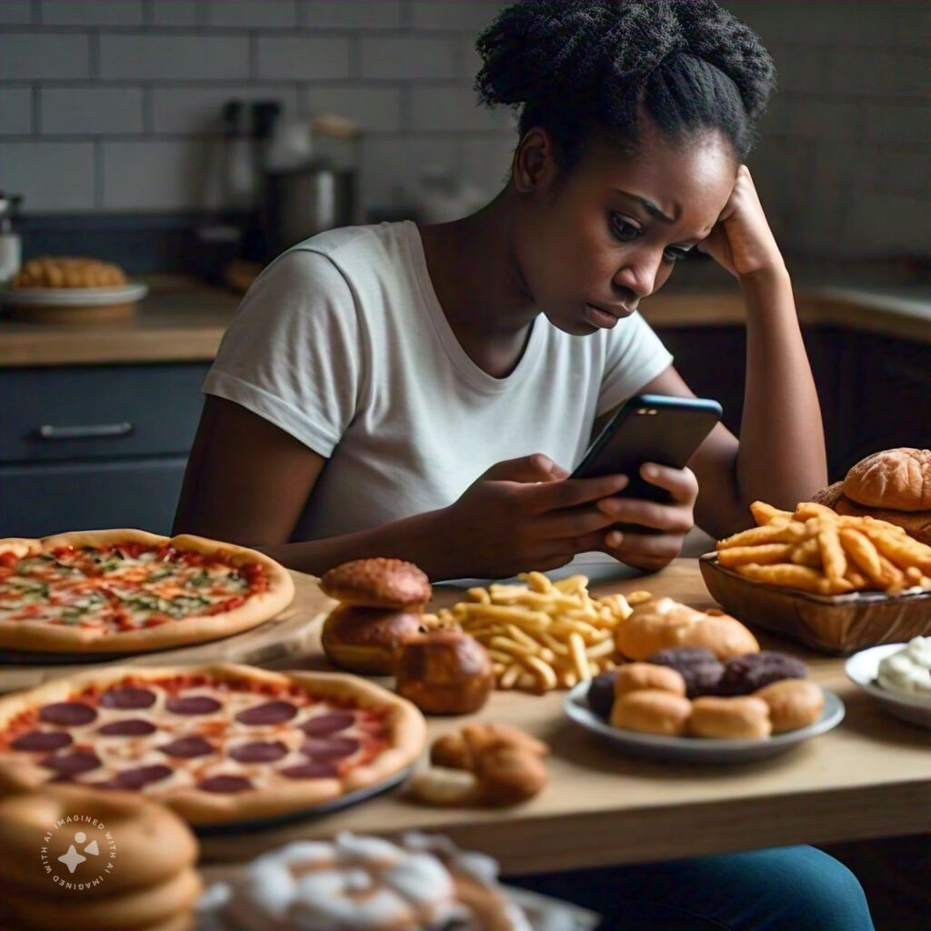 Sad Person surrounded by carbohydrates food and ice cream and donuts on a table, with phone scrolling