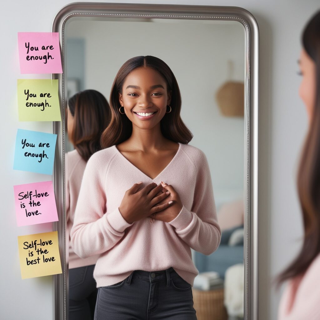 someone  in The mirror with positive affirmation stuck  on the mirror 