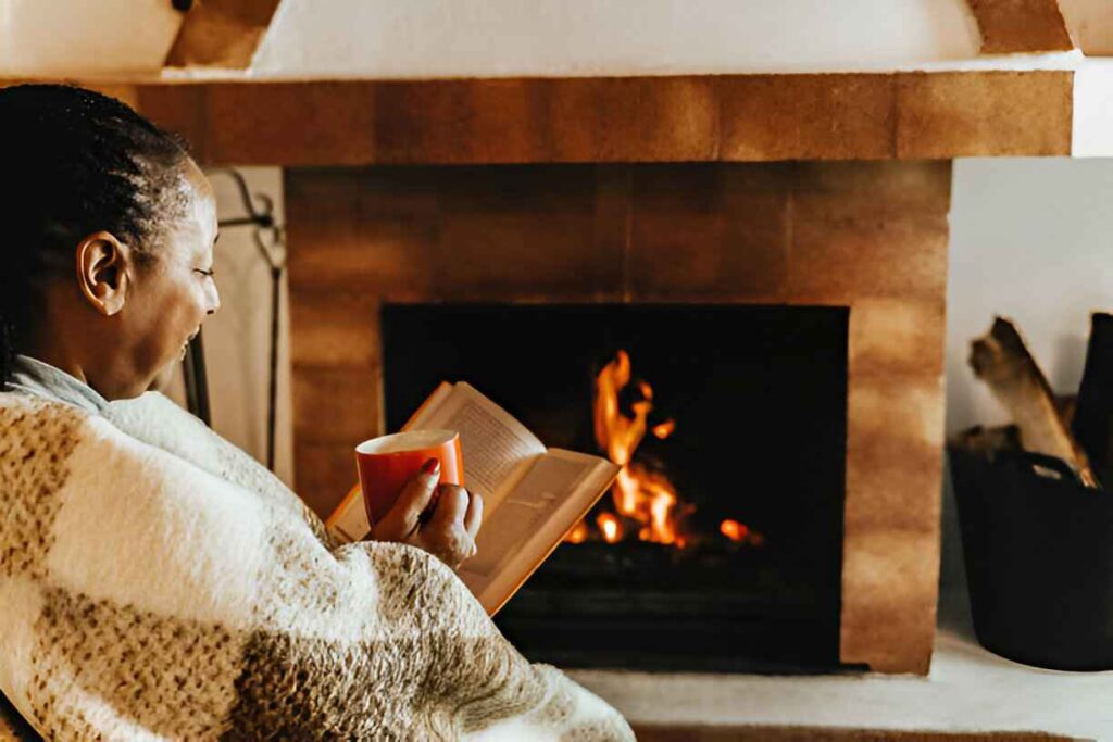 cozy fire and books