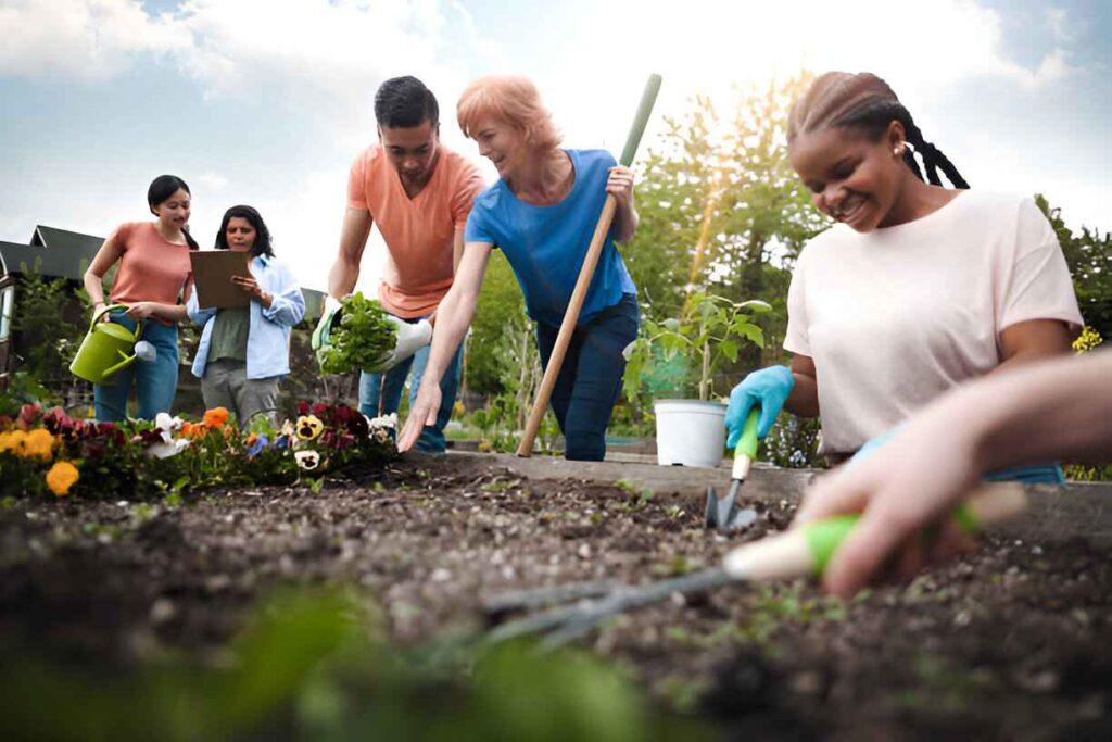 People working in garden happily