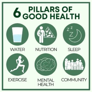 6 pillars of health: sleep, diet, exercise