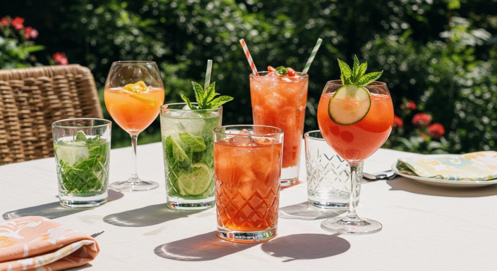 Pictures of summer cocktails in a table setting outdoors