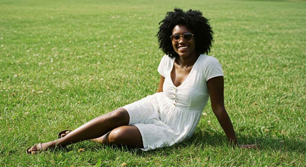 person sitting/lying on grass , smiling