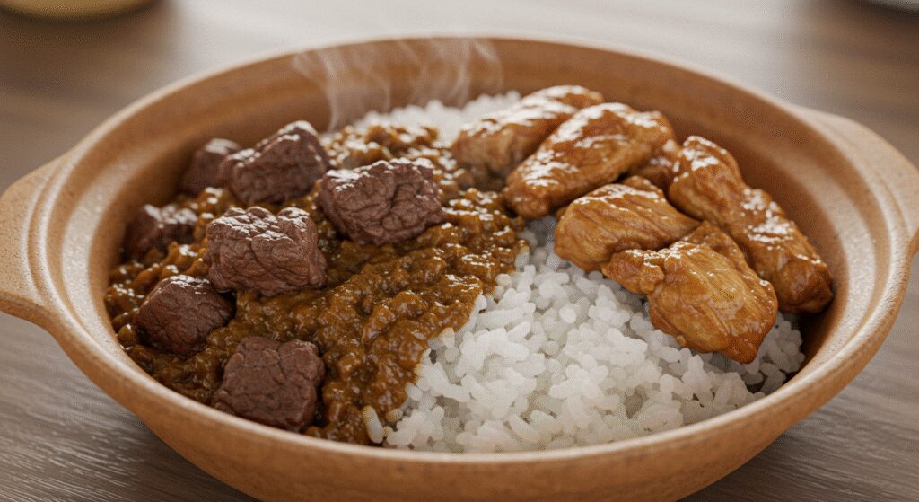 bowl of rice and stew and meat assorted