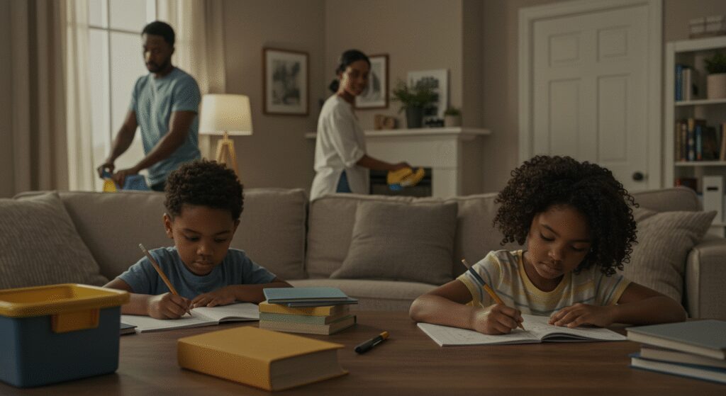 Picture of parents doing chores and kids also in the background doing homework