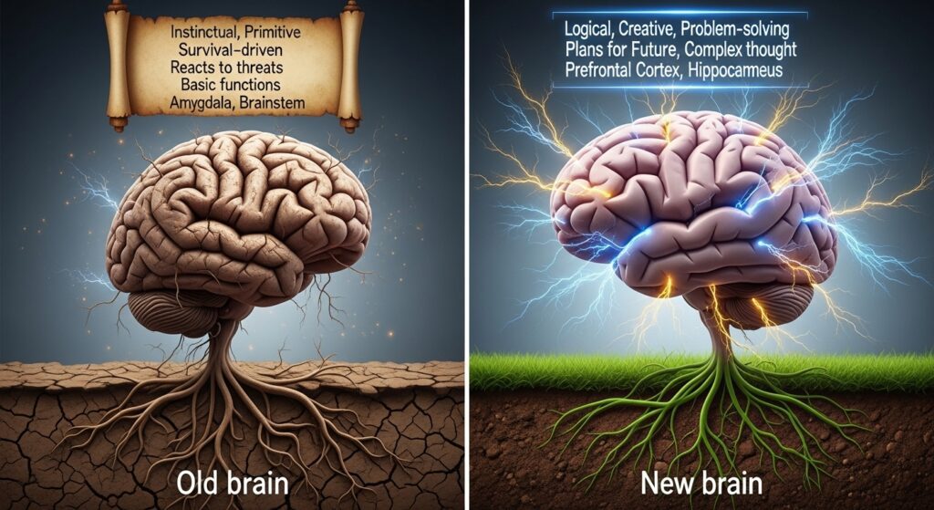 Picture of old brain and new brain and their characteristics